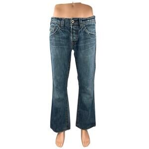 1921 Mens Blue Dark Wash Button Fly Mid Rise Bootcut Flared Denim Jeans Pants OS